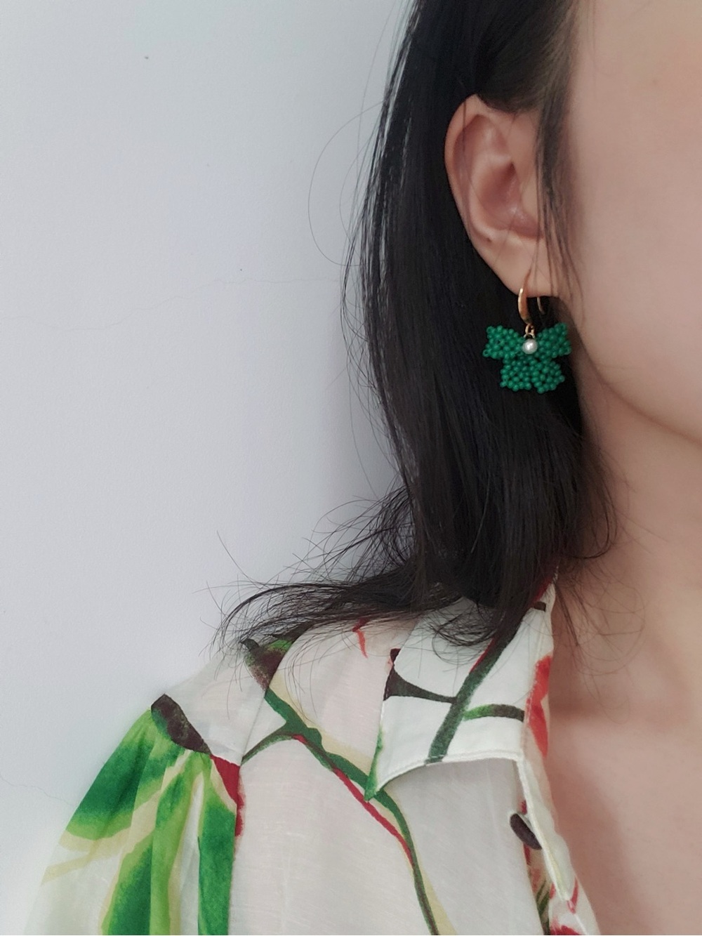 Handmade Jade-Green Beaded Bow Drop Earrings with Pearl Accent